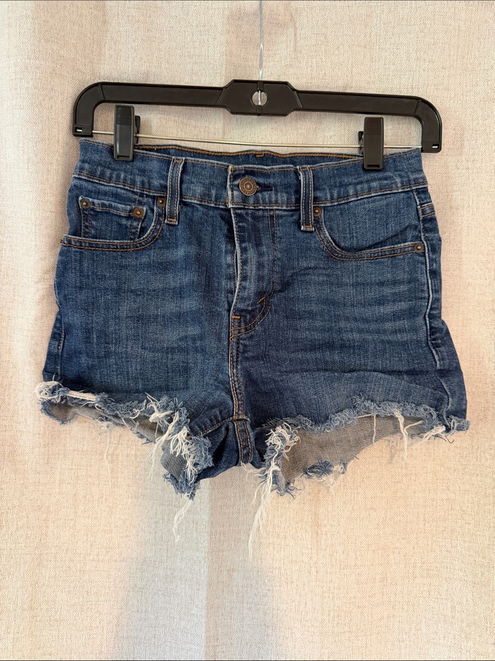 Frayed Hem High-Rise Denim Shorts - Blue